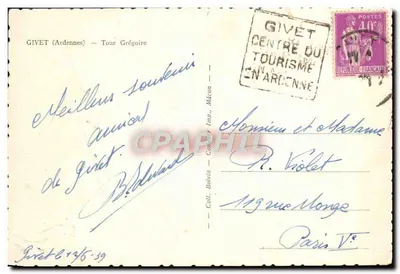 Bilhete postal moderno Givet Tour Gregoire — Verso
