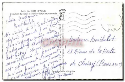 Zachód słońca przez sosny kiparowe — La Côte d'Azur — Wydawnictwo S.E.P.I. — nr 0-11 — Rewers