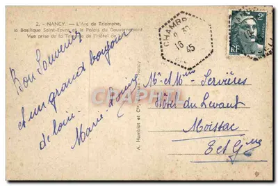 Nancy — Arc de Triomphe, Bazylika św. Epvre i Pałac Rządu — Widok z tarasu Hôtel de Ville — A. Humblot et Cie, Nancy — Rewers