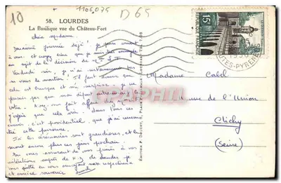 Lourdes — Bazylika widziana z Castel-Fort — Wydawnictwo P. Doucet, Place P. P. Lalle — Rewers