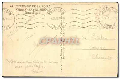 Castelo de Azay-le-Rideau — Indre-et-Loire — Edições de Arte 'W.N.' Paris — Verso
