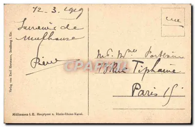 Mulhouse — Widok kanału z łabędziami i łódkami — Verlag von Emil Hartmann, Straßburg i. Els. — Rewers