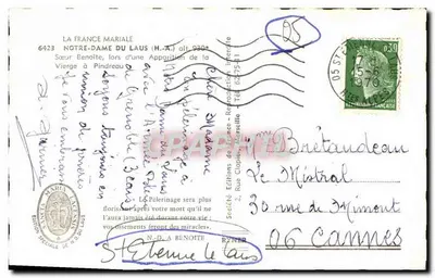 Estátua da Virgem em Pindreou — Notre-Dame du Laus (H.A.) alt 930 — Éditions de France, Marselha — Verso