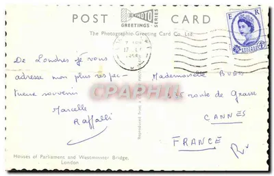 Casas do Parlamento e Ponte de Westminster — Londres — The Photographic Greeting Card Co. Ltd. série CO-HOTO — Verso