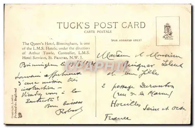 Bilhete postal antigo Queen's Hotel Birmingham — Verso