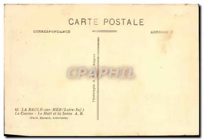 O Casino - O Salão e o Palco — La Baule-sur-Mer (Loire-Inf.) — Fototipia A. B. (Ferd. Menard, Arquiteto) — Verso
