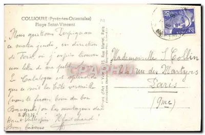 Collioire (Pyrénées-Orientales) — Praia de Saint-Vincent — Éditions d'Art, Paris — Verso