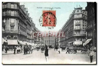 PARIS - Avenida da Ópera — vista urbana com carruagem e pedestres — editor desconhecido, número de série não visível