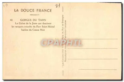 Góry Tarnu — Cañon de la Jonte, który dominują zamek z crenelowanymi murami Fort Saint-Michel — Les Éditions d'Art VVQ, Paryż — Rewers