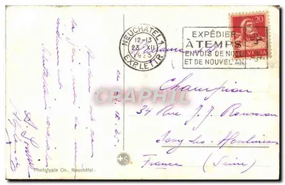 Neuchâtel — vue du lac et des bâtiments — Phototype Co. Neuchâtel n° 319 — Verso