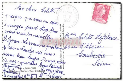 La Toulousaine — vue panoramique de la ville avec illustration d'une femme en costume traditionnel — Éditeur Vérité Photo - Donjon, Vues Générales, n° 406 — Reverso