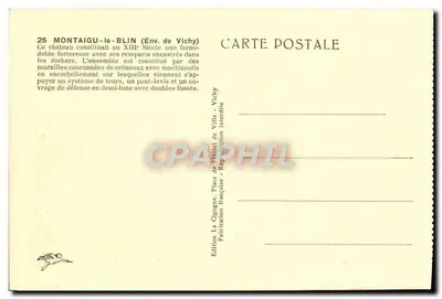 Zamek Montaigu-le-Blin — ruiny średniowieczne — Wydawnictwo La Cigogne, Vichy — Rewers