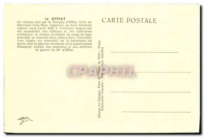 Castelo de Effiat — Portal central decorado — Edição La Cigogne, Vichy — Verso