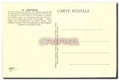 Castelo de Hérisson — ruínas de três torres parcialmente cobertas de vegetação — Edição La Cigogne, n°18 — Verso