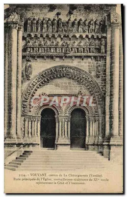 Vouvant, canton de La Châtaigneraie (Vendée) — Porta principal da igreja, esculturas do século XV representando a Ceia e a Ascensão — editor não identificado, n° 3154
