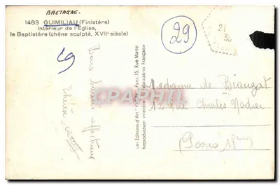 Guimiliau (Finistère) — Innenraum der Kirche, der geschnitzte Taufstein, 17. Jahrhundert — Éditions d'Art 'YVON', Paris — Rückseite