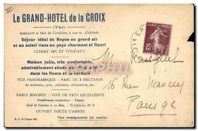 Le Grand Hôtel de La Creix (Var) — bâtiment à toit en tuiles et tourelle, entouré de palmiers et de pins — éditeur R.C. St-Tropes 284 — Rewers