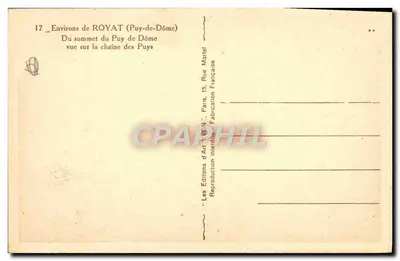 Okręgi ROYAT (Puy-de-Dôme) — Widok z szczytu Puy de Dôme na łańcuch Puys — Wydawnictwo Sztuki VENIN, Paryż — Rewers