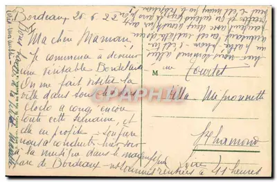 Bordeaux - Plac Gambetta — Stara pocztówka n°213, wydawca R. Bertrand, 16, rue des Merciers — Rewers