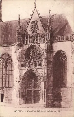 Bilhete postal antigo Rethel Portal da Igreja São Nicolau