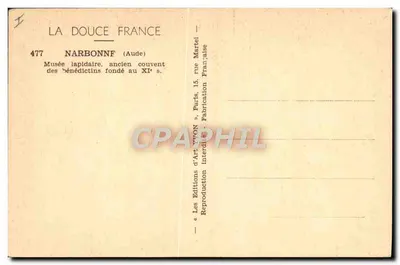 NARBONNE (Aude) — Museo lapidario, antiguo convento de benedictinos fundado en el siglo XI — Les Éditions d'Art Yvon, París — Reverso