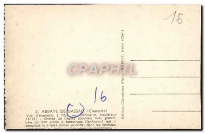 Abadia de Bassac — Vista geral a leste — Editor: Editions Charpentaises d'Art, Jarnac (Charente) — Verso