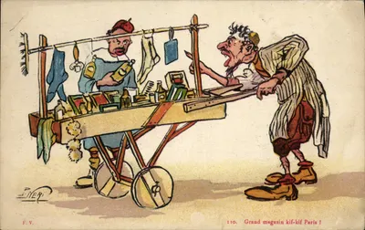 Grande loja kif-kif Paris! — caricatura de vendedor ambulante — F. V., n° 110