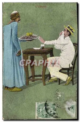 Um servo oferecendo frutas a um cliente — L'Odorat — editor Stampa - Milano, N. 3751