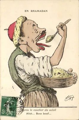 Em Rhamadan — caricatura de um homem comendo — L. Chagny, edição 44, Rue Michelet Alger