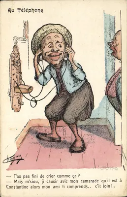 No Telefone — Caricatura de um homem ao telefone — L. Chagny, Derb. Édit. Rue Valentin, Alger