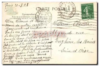 Correo humorístico — Empleada postal y cliente — Grabado extraído del periódico "La Posta Humorística" — Reverso