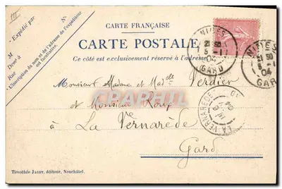 Carta postal sentimental — texto impresso e manuscrito — editor Timothée Jacot, Nanchatël — Verso