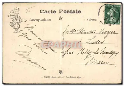Ali o viajante — caricatura de um jovem garoto carregando bagagens — desenho de L. Chagny — Verso