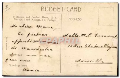Facteur à Manchester — homme en uniforme tenant une valise avec inscription 'GREETINGS FROM MANCHESTER' — éditeur Budget Card — Verso