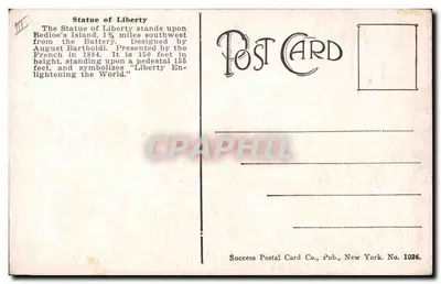 Statue of Liberty — New York — Success Postal Card Co. No. 1026 — Verso