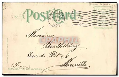 Statue de la Liberté — vue nocturne avec navire — éditeur Postcard Co. Brooklyn, N.Y. — Verso