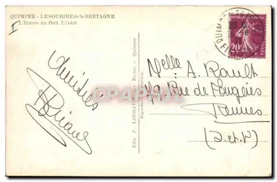 Quimper - A entrada do porto. O Odet — Ed. P. Louartre, Art Breton — Verso