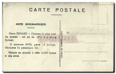 Henri RENARD — a pessoa mais baixa do mundo — Éditions M. CARRIER - LYON — Verso