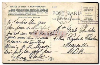 Statue of Liberty, New York City — vue de la statue avec drapeaux américains — éditée en 1914 par Irving Underhill, N.Y. — Verso