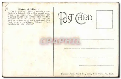 Statue of Liberty, New York — Success Postal Card Co., No. 1026 — Verso
