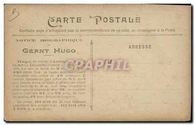 Géant Hugo — Saint-Martin (Alpes-Maritimes) — Carte postale biographique — Verso