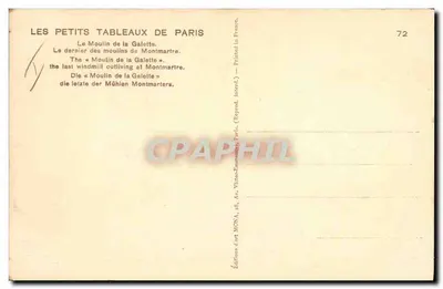 Moulin de la Galette — Le dernier des moulins de Montmartre — Éditions art MOVA, n°72 — Rewers