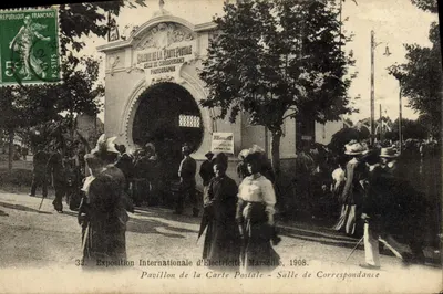 Bilhete postal antigo Exposição internacional de electricidade Marselha 1908 Pavilhão da Carta Postal Sala de Correspondência TOP