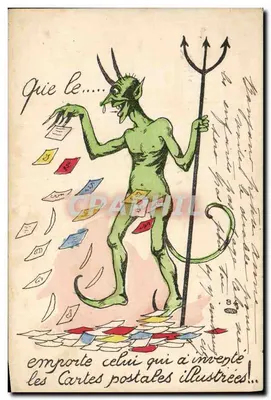 Diable vert avec trident — Carte postale humoristique — éditeur non visible