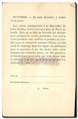 Octobre — Le Labourage, le Laboureur, la Charrue — Les Chevaux de labour. — Les Poires. — Les Asters. — Verso