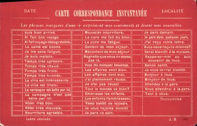 Carta de correspondência instantânea — frases pré-impressas para expressar sentimentos e notícias — editor não visível