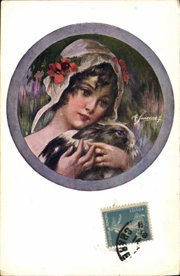 Młoda dziewczyna trzymająca królika — ilustracja Ch. Juneuvey — wydawca nie widoczny