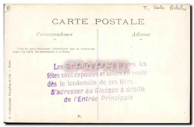 Fête de la Poste à Paris — Carrosse à chevaux avec enfants et gardes-chasseurs — R. Tulliennot, Bispling et Cie, Paris — Verso