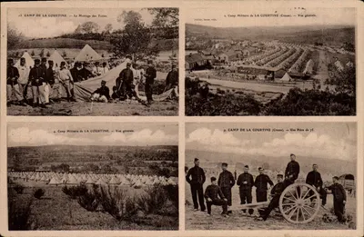 Camp de La Courtine — Montagem das tendas, vista geral, peça de 75, soldados com canhão — Éditions Fauillet, baixa, n°13, 4, 9