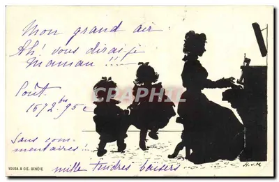 Bilhete postal antigo Contre a luz Mulher Crianças Piano